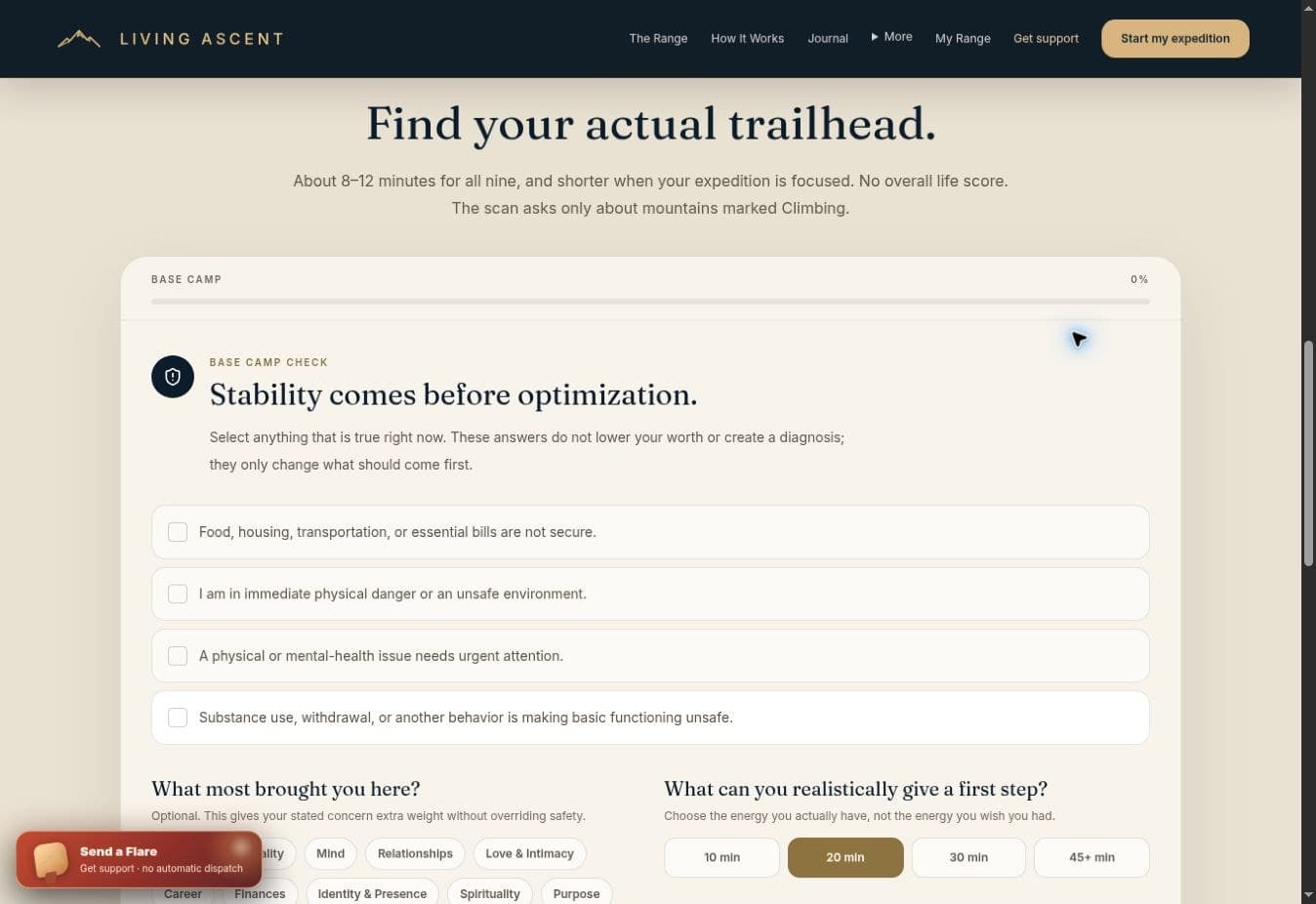 The real Base Camp scan interface, beginning with stability and urgent needs before optimization