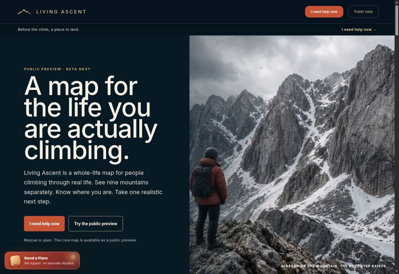 Living Ascent public landing page with its mountain landscape and public preview entry