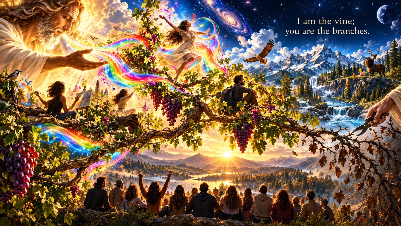 A luminous vine connecting creative expression, nature, and people, with a dead branch being pruned beneath the words I am the vine; you are the branches.